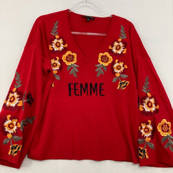 INC International Concepts Large Floral Embroidered Flare Sleeve Boho Sweater - Picture 1 of 9